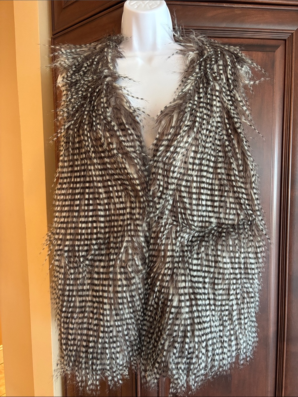 Faux Feathered Fringe Vest in Brown & Cream